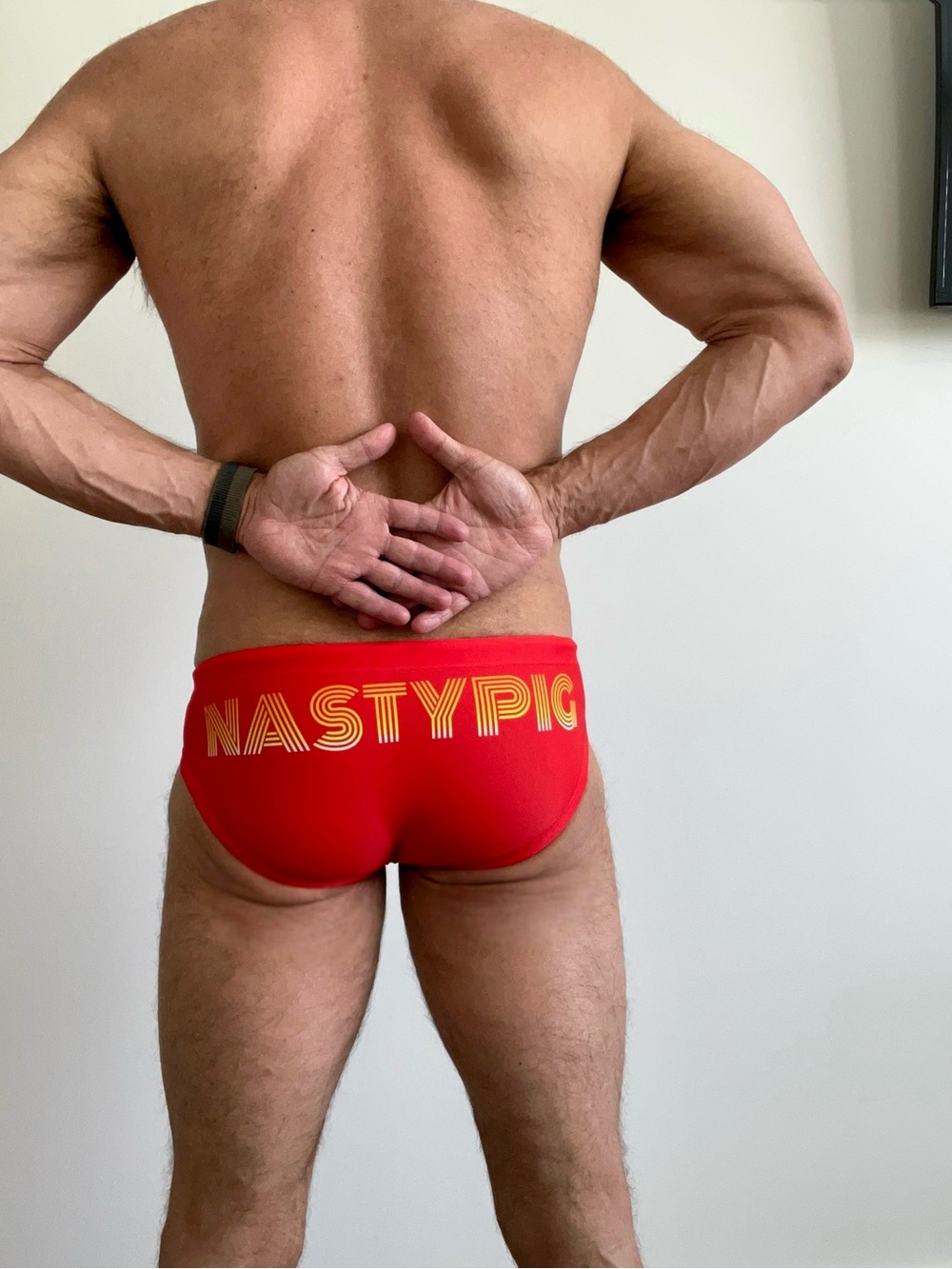Nasty Pig Red Swim Briefs with Yellow Logo, Small, New with tags
